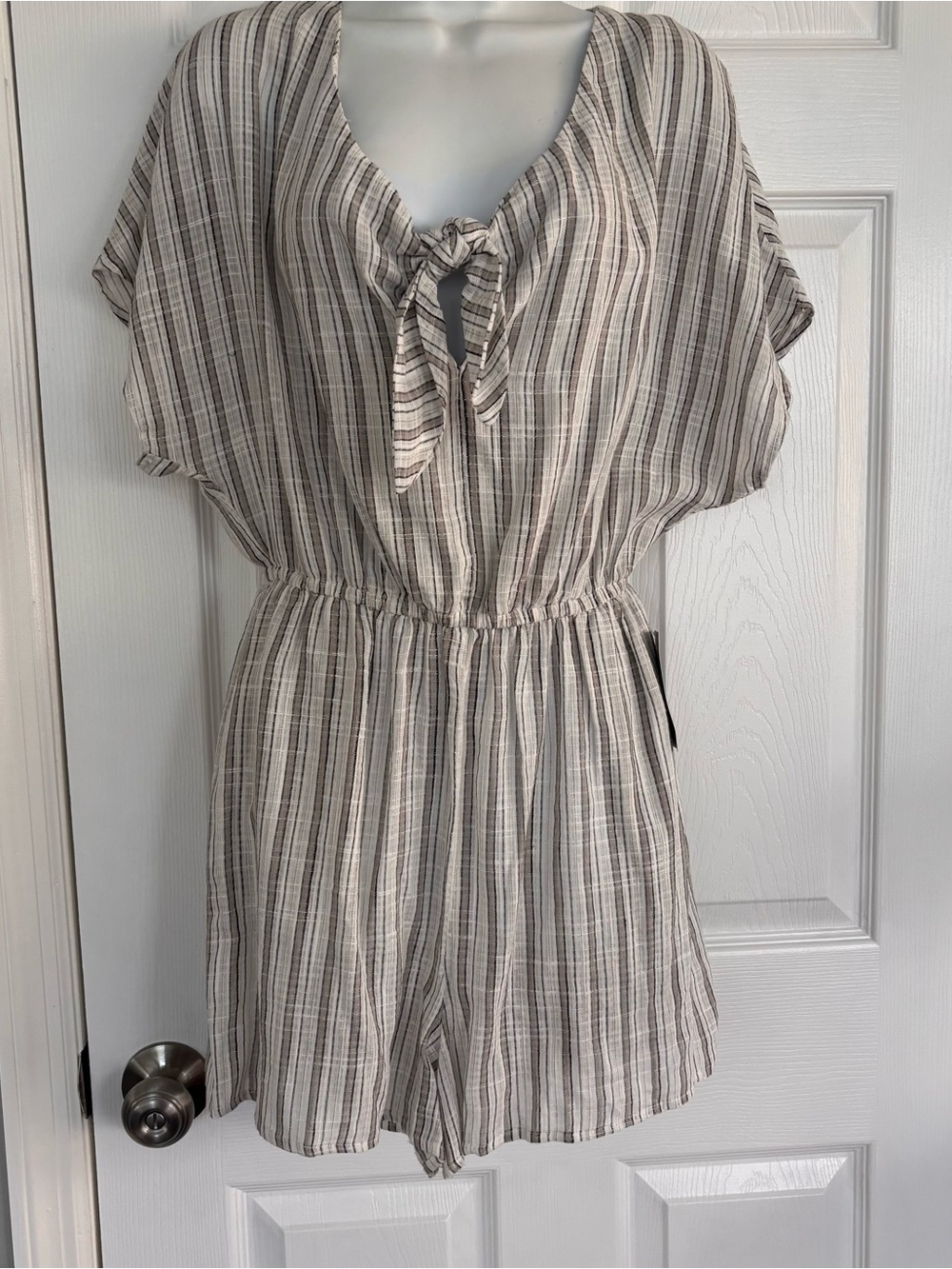Good Luck Gem Beige and Gray Striped Tie-Front Short Sleeve Romper